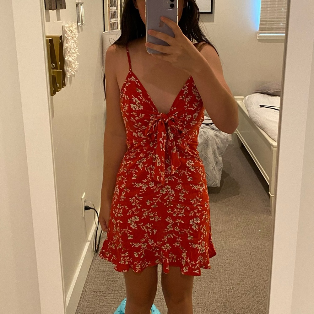 Red floral tie front mini dress